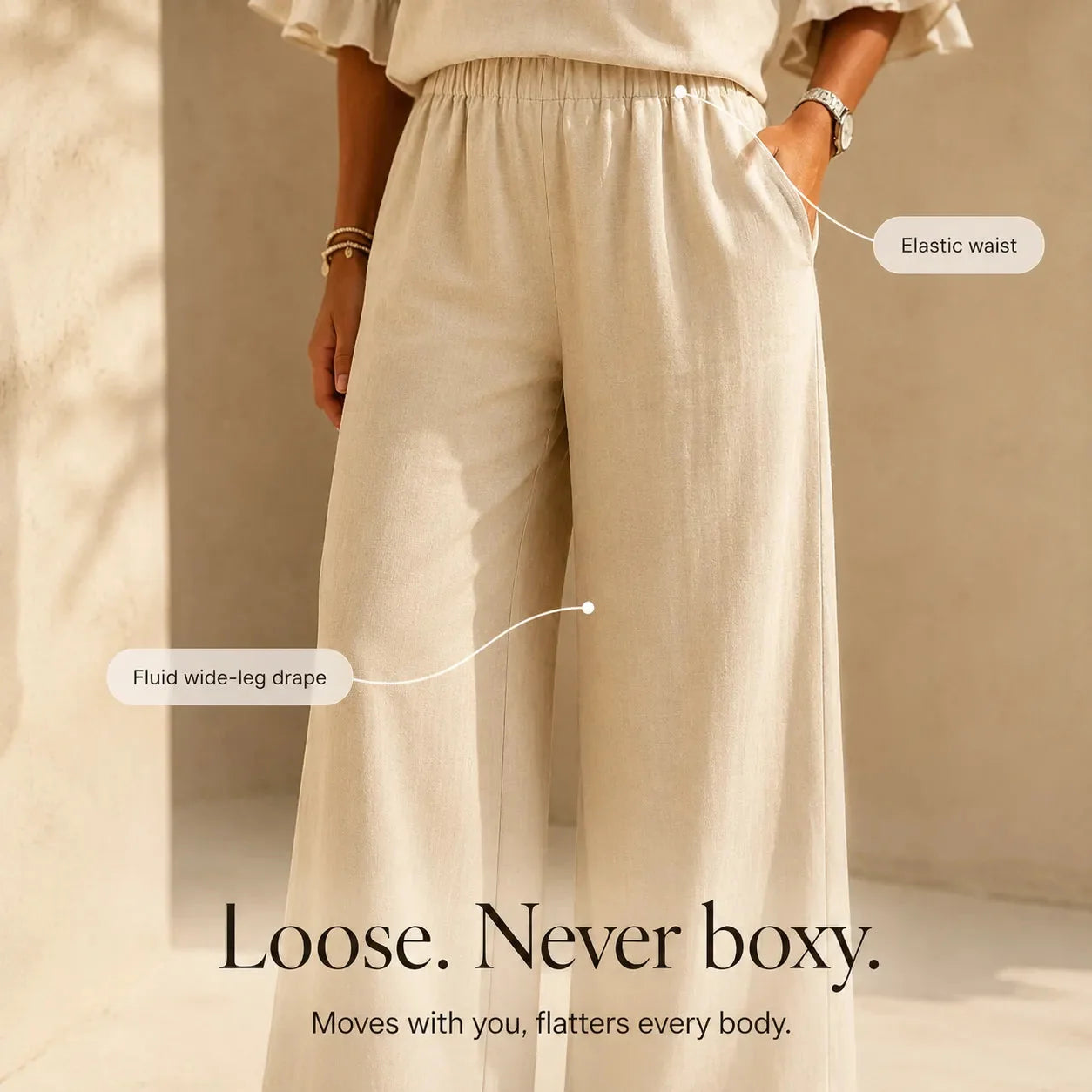 Lunavia – Ensemble Deux Pièces Effet Lin avec Manches Volantes et Pantalon Large