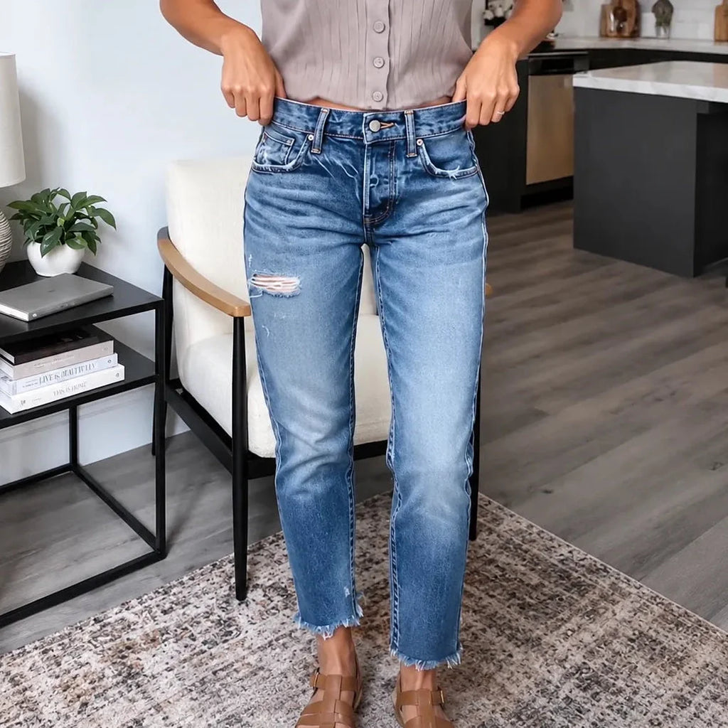 Denara – Jean cropped déchiré en stretch doux pour femmes