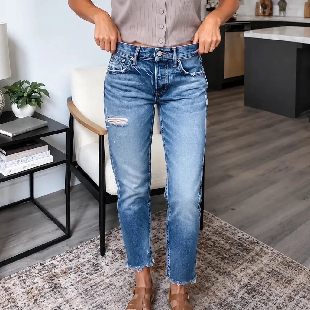 Denara – Jean cropped déchiré en stretch doux pour femmes