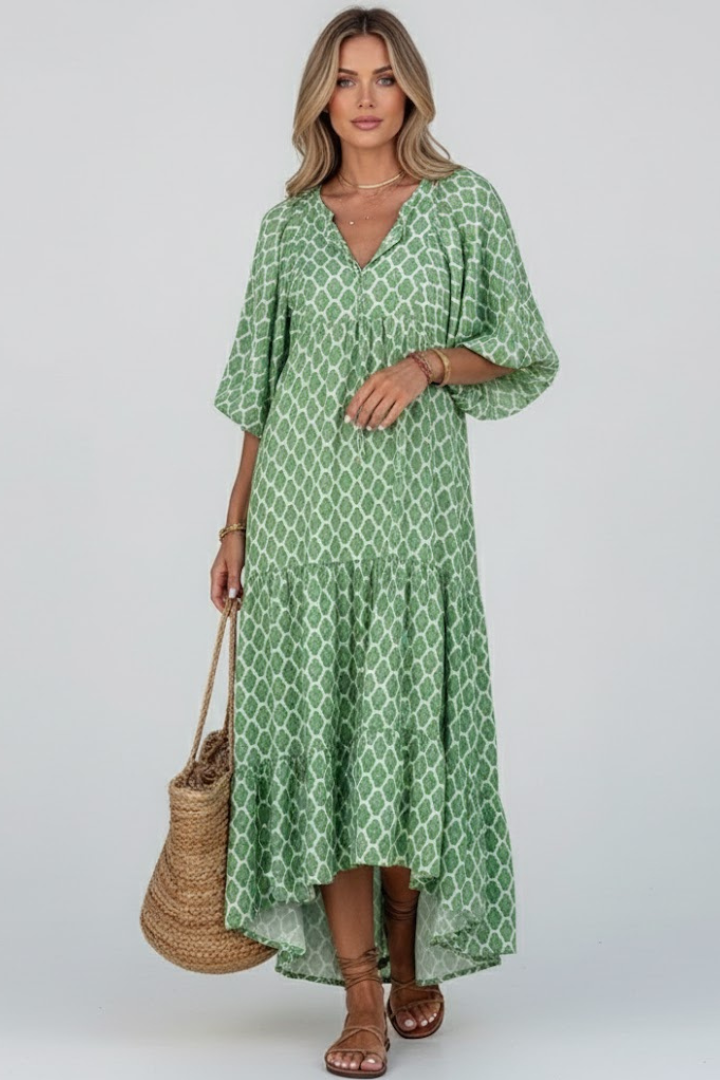 Robe Longue Femme avec Décolleté en V et Manches Courtes