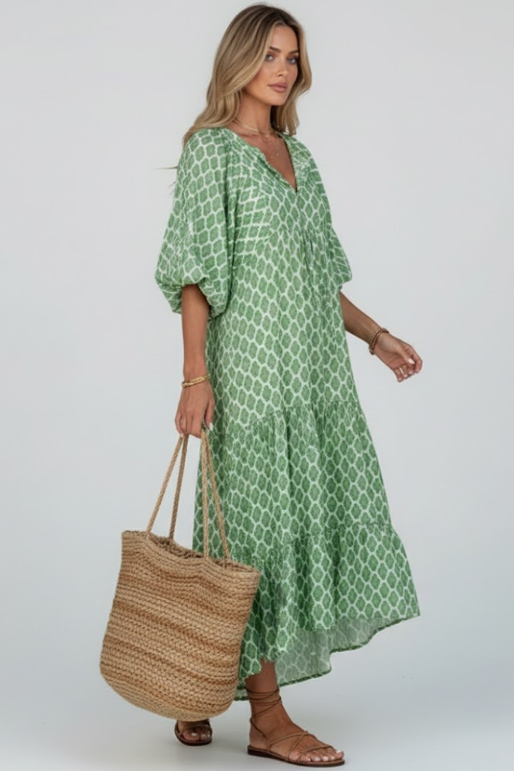 Robe Longue Femme avec Décolleté en V et Manches Courtes