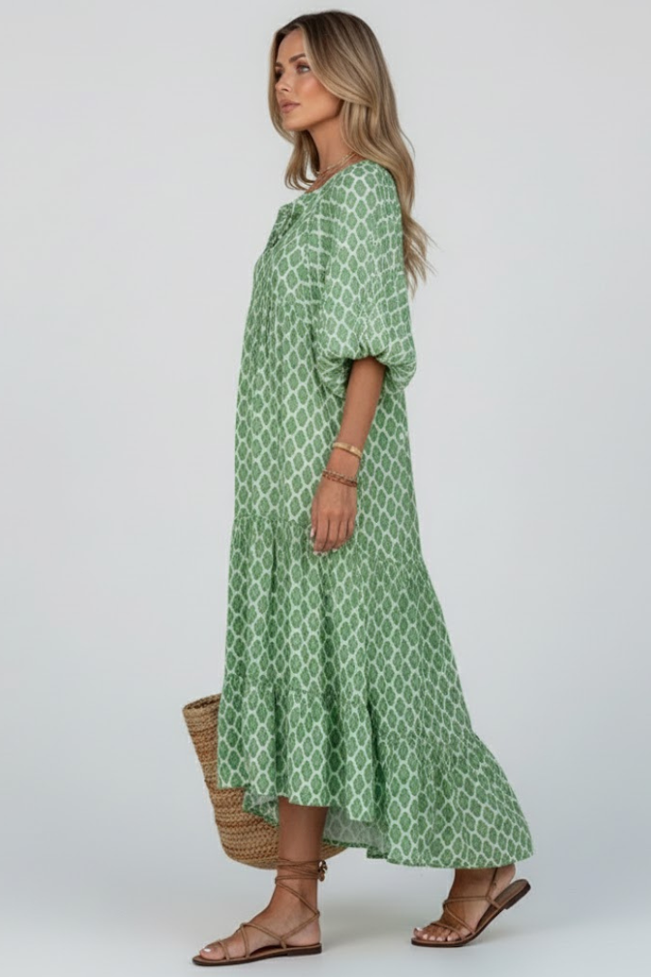 Robe Longue Femme avec Décolleté en V et Manches Courtes