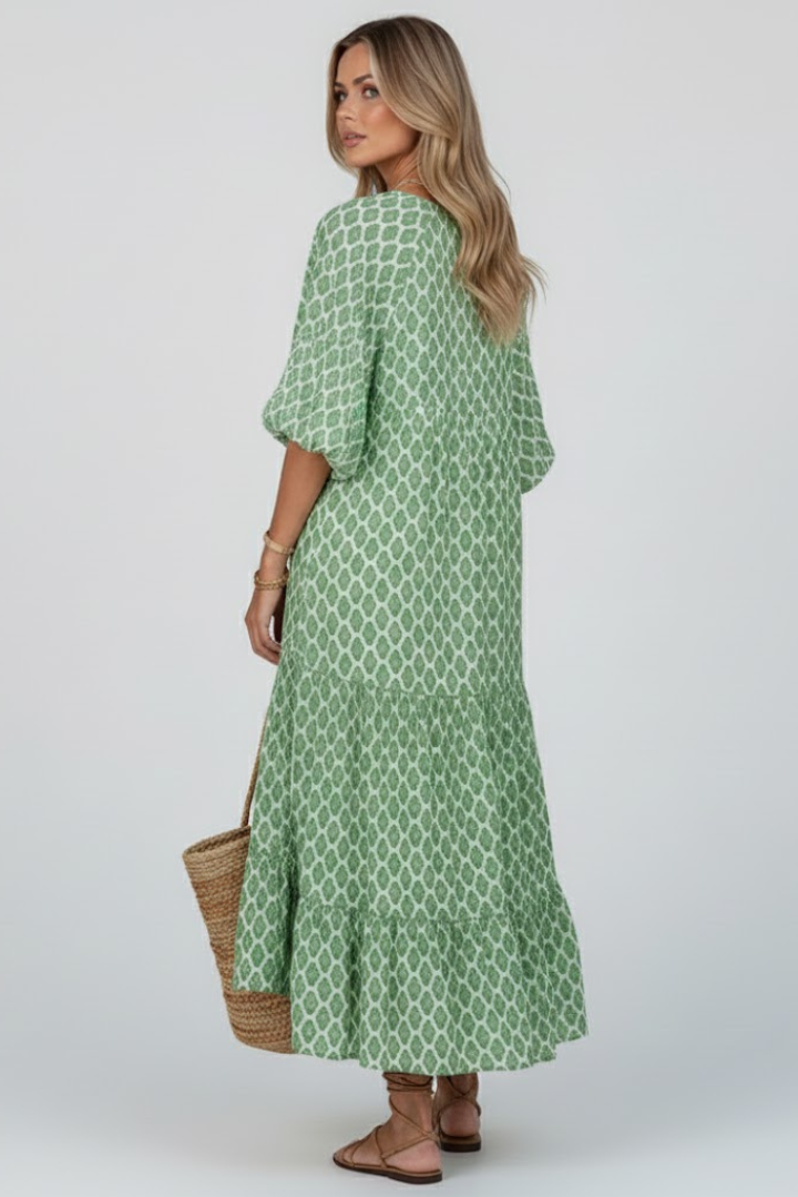 Robe Longue Femme avec Décolleté en V et Manches Courtes