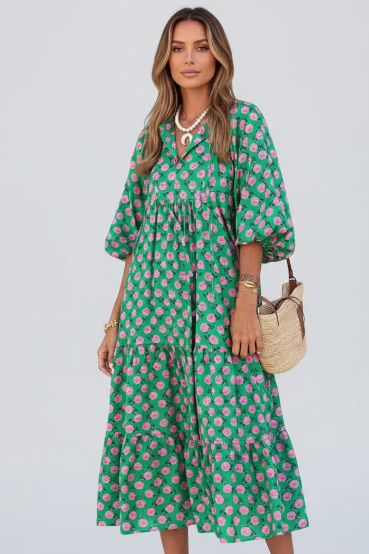 Robe Longue Femme avec Décolleté en V et Manches Courtes