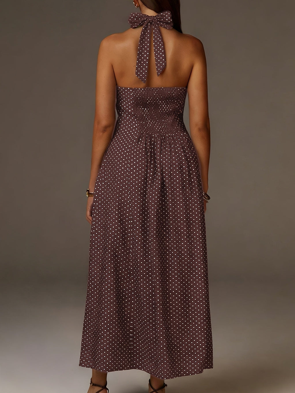 Robe Maxi à Pois avec Col Halter et Décolleté en V Profond pour Femme
