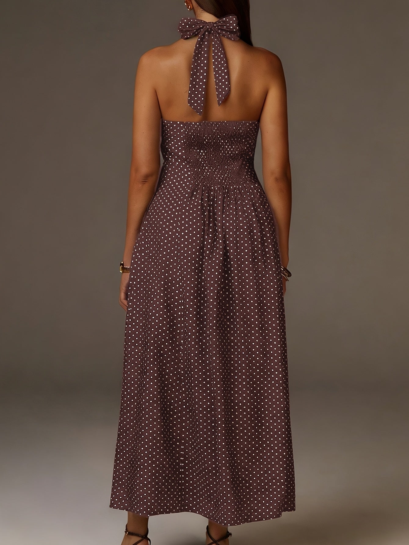 Robe Maxi à Pois avec Col Halter et Décolleté en V Profond pour Femme