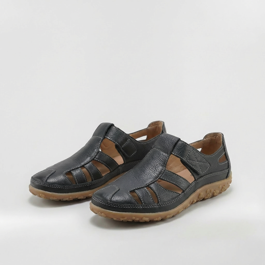 Sandales Fermées pour Femme Chaussures en Cuir avec Bandes et Semelle Très Confortable