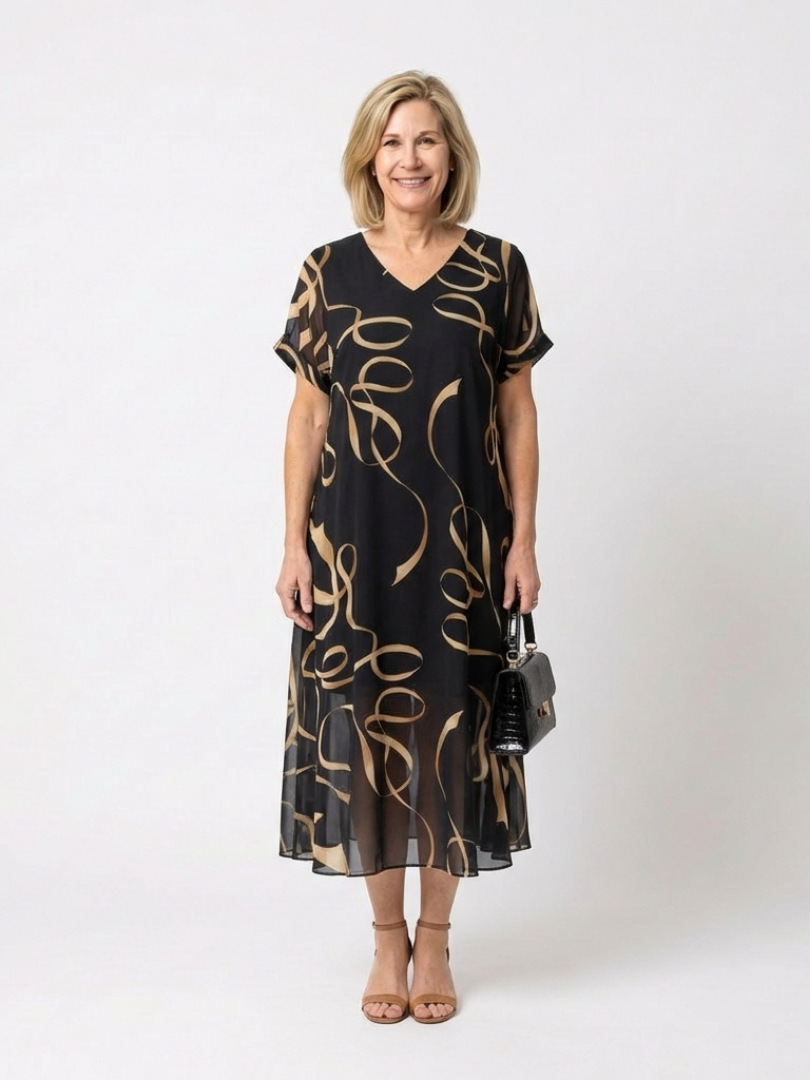 Marisa | Robe Midi à Manches Courtes en V Imprimé Abstrait