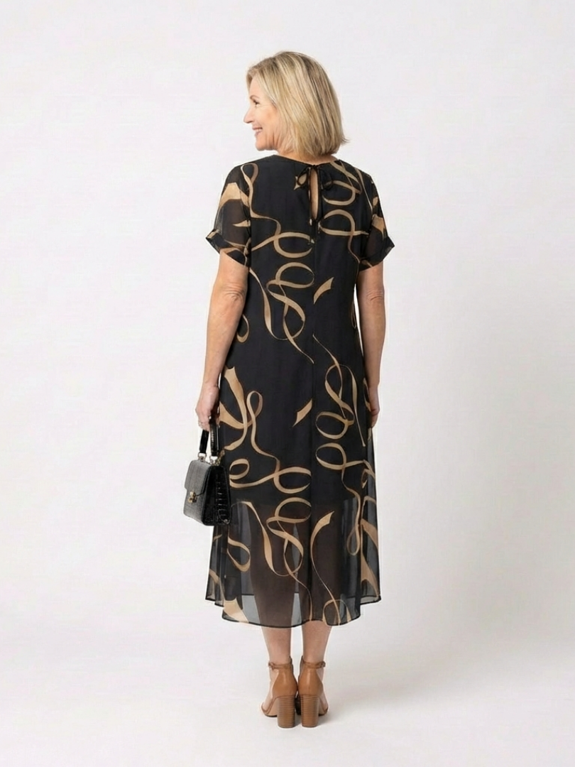 Marisa | Robe Midi à Manches Courtes en V Imprimé Abstrait