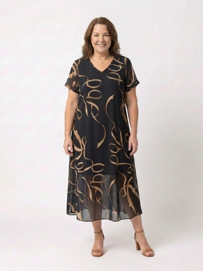Marisa | Robe Midi à Manches Courtes en V Imprimé Abstrait