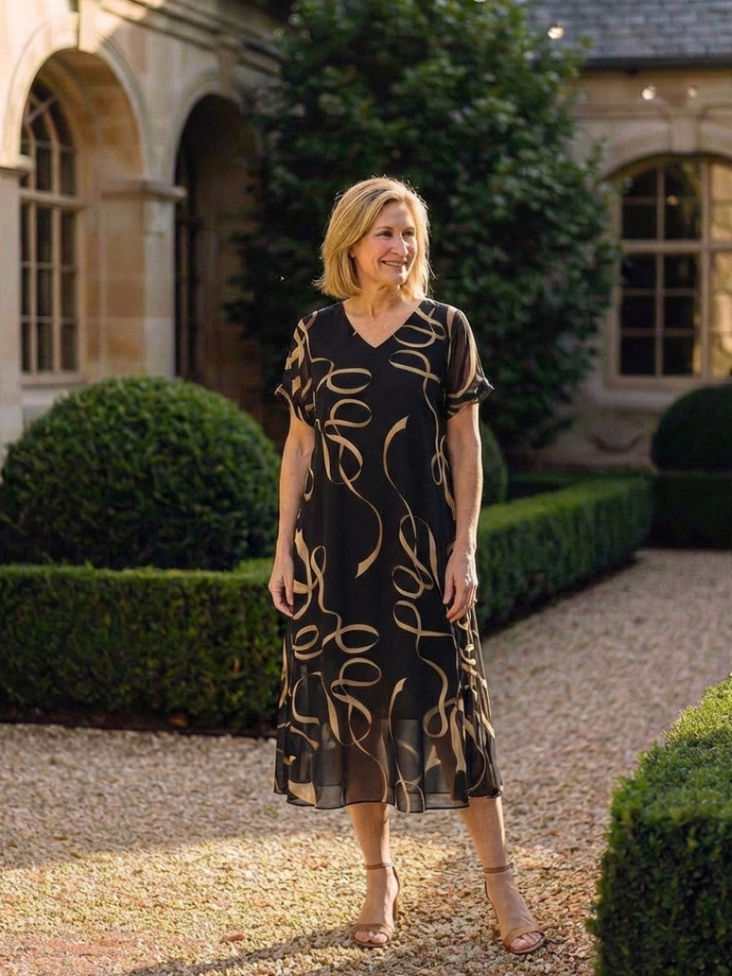 Marisa | Robe Midi à Manches Courtes en V Imprimé Abstrait