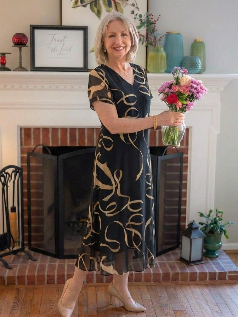 Marisa | Robe Midi à Manches Courtes en V Imprimé Abstrait