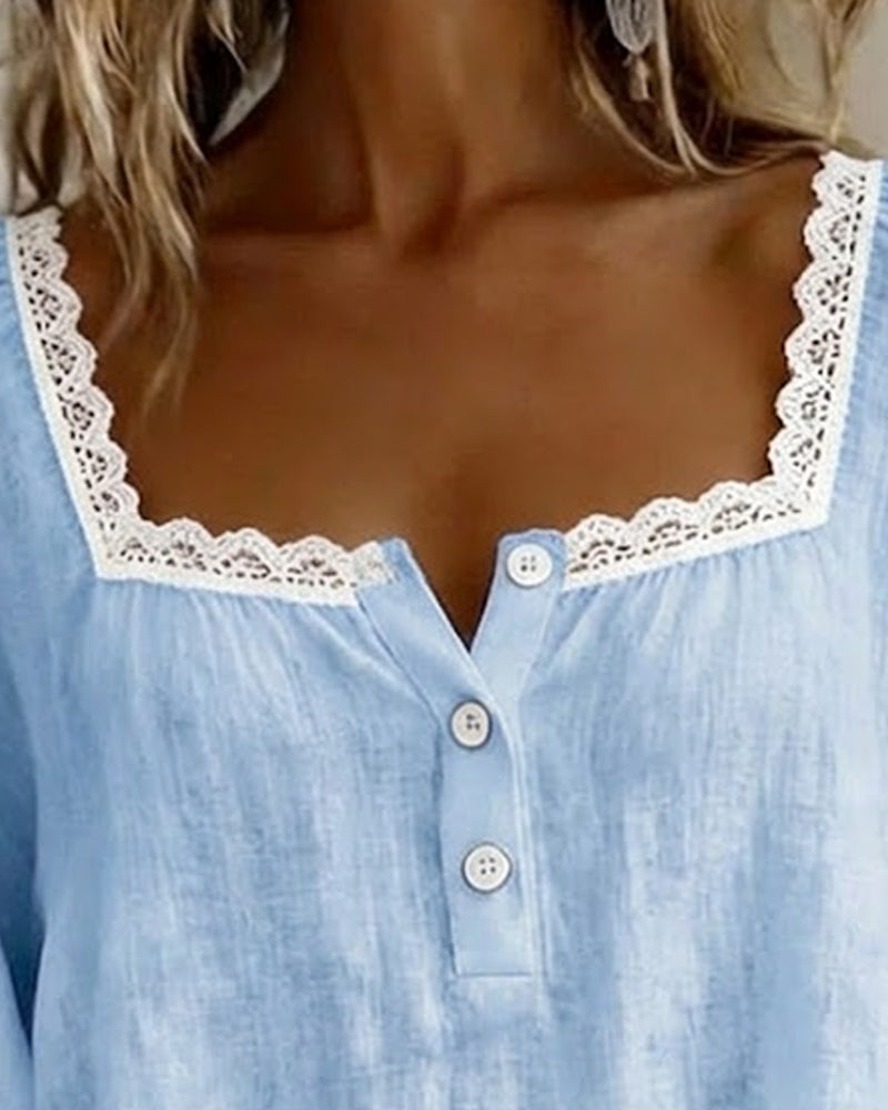Blouse en Dentelle à Manches Bouffantes avec Encolure Carrée