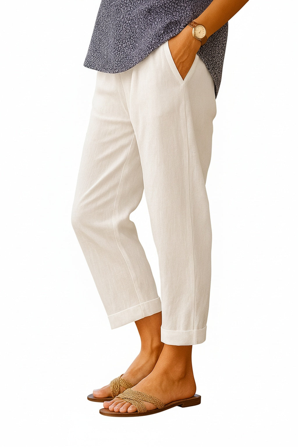 Pantalon 7/8 Femme avec Jambe Droite et Poches Latérales