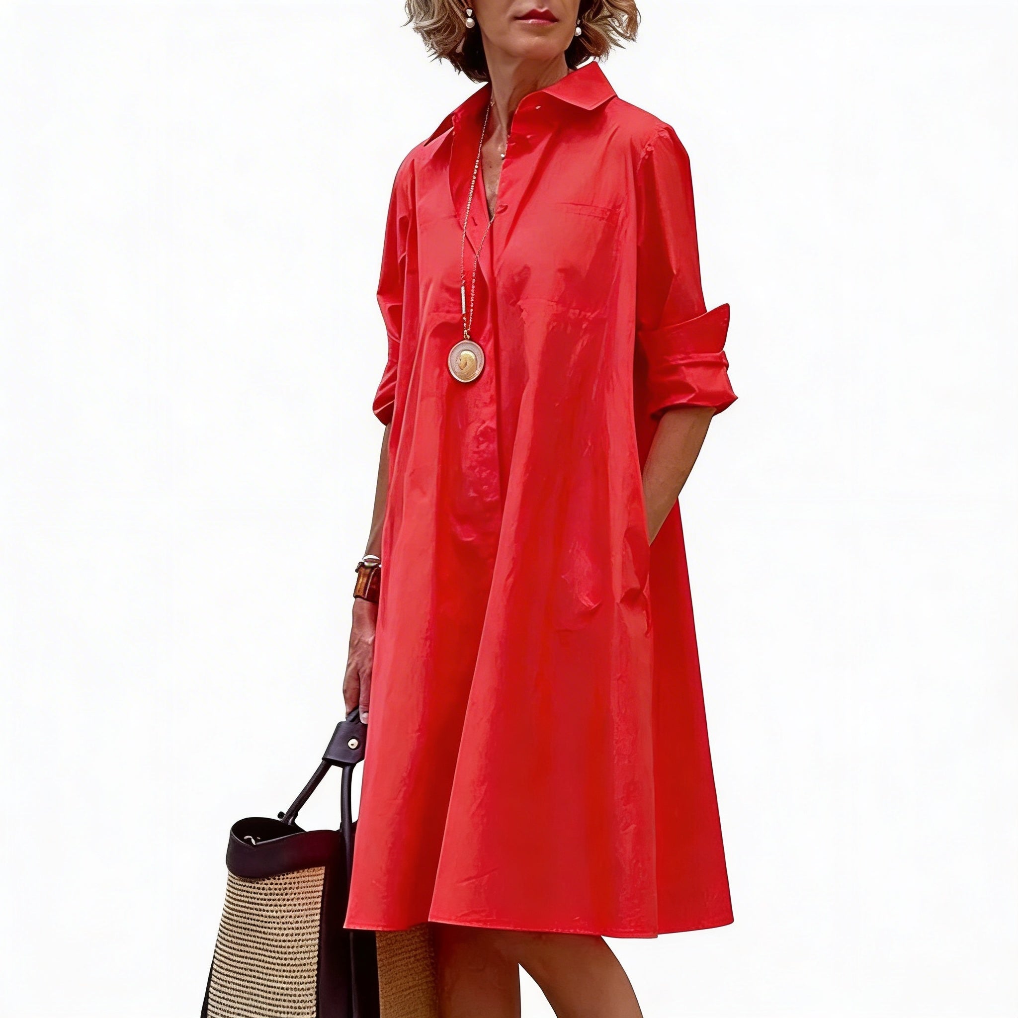 Robe-blouse A-Ligne pour Femmes avec Col Polo et Poches