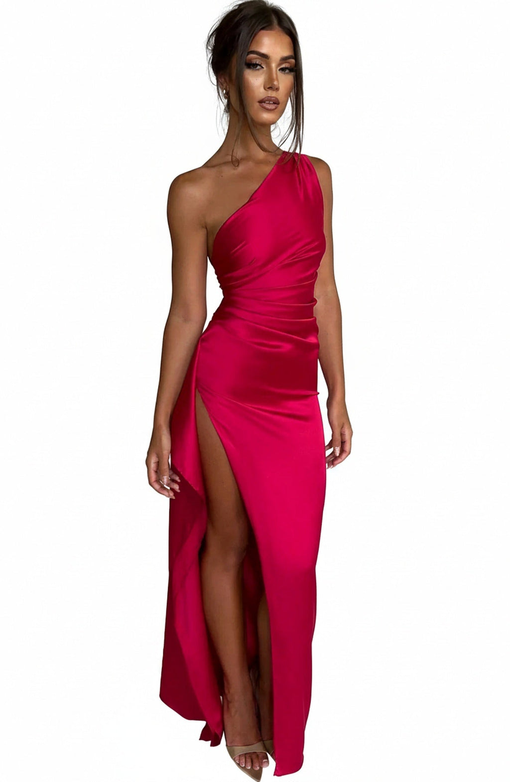 Robe de Soirée Femme à Une Épaule, Plis et Fente