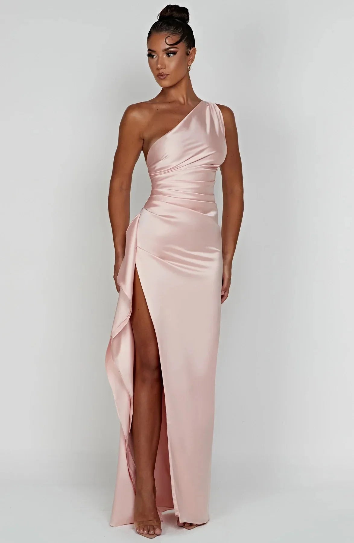 Robe de Soirée Femme à Une Épaule, Plis et Fente