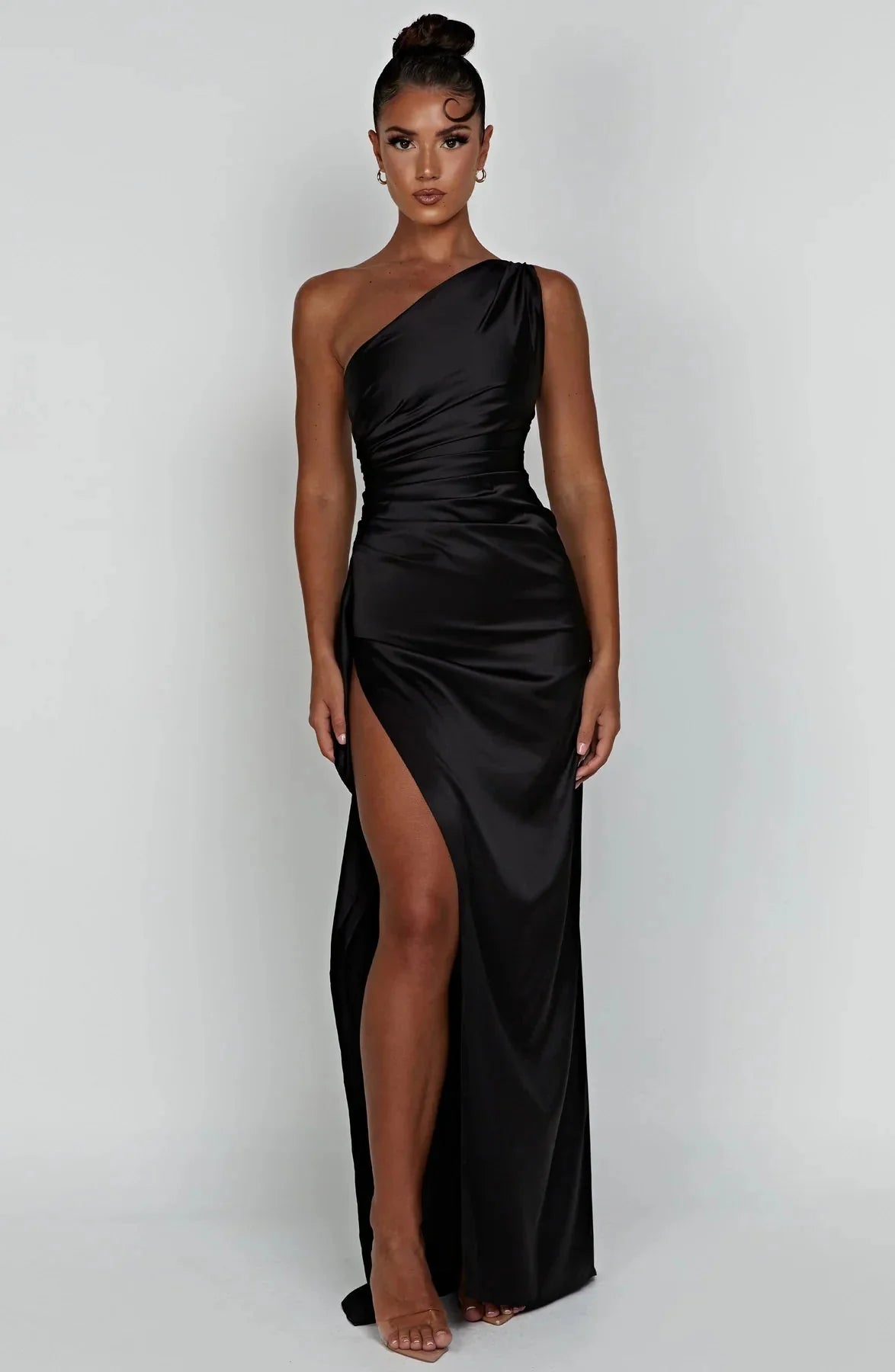 Robe de Soirée Femme à Une Épaule, Plis et Fente