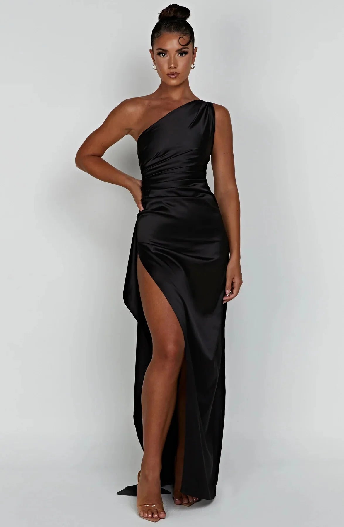 Robe de Soirée Femme à Une Épaule, Plis et Fente