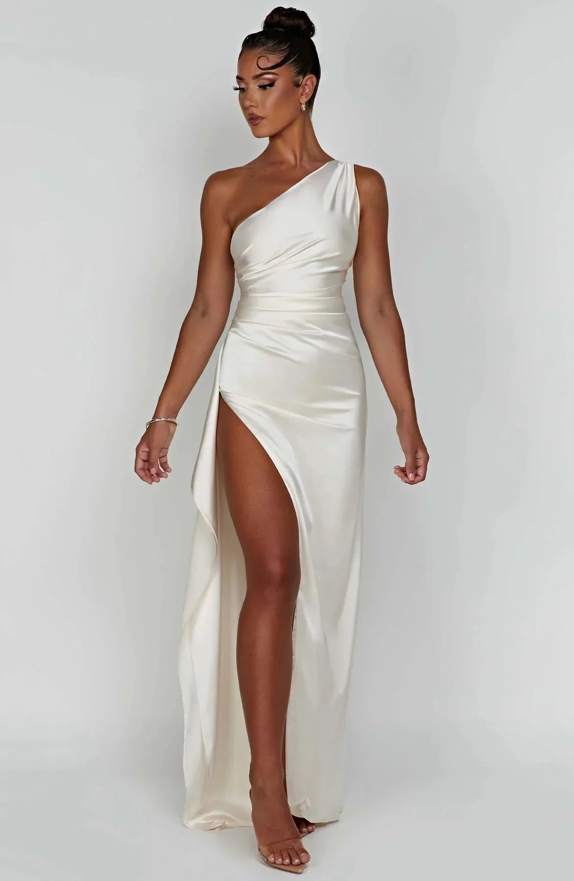 Robe de Soirée Femme à Une Épaule, Plis et Fente