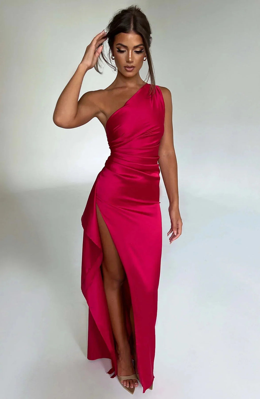 Robe de Soirée Femme à Une Épaule, Plis et Fente