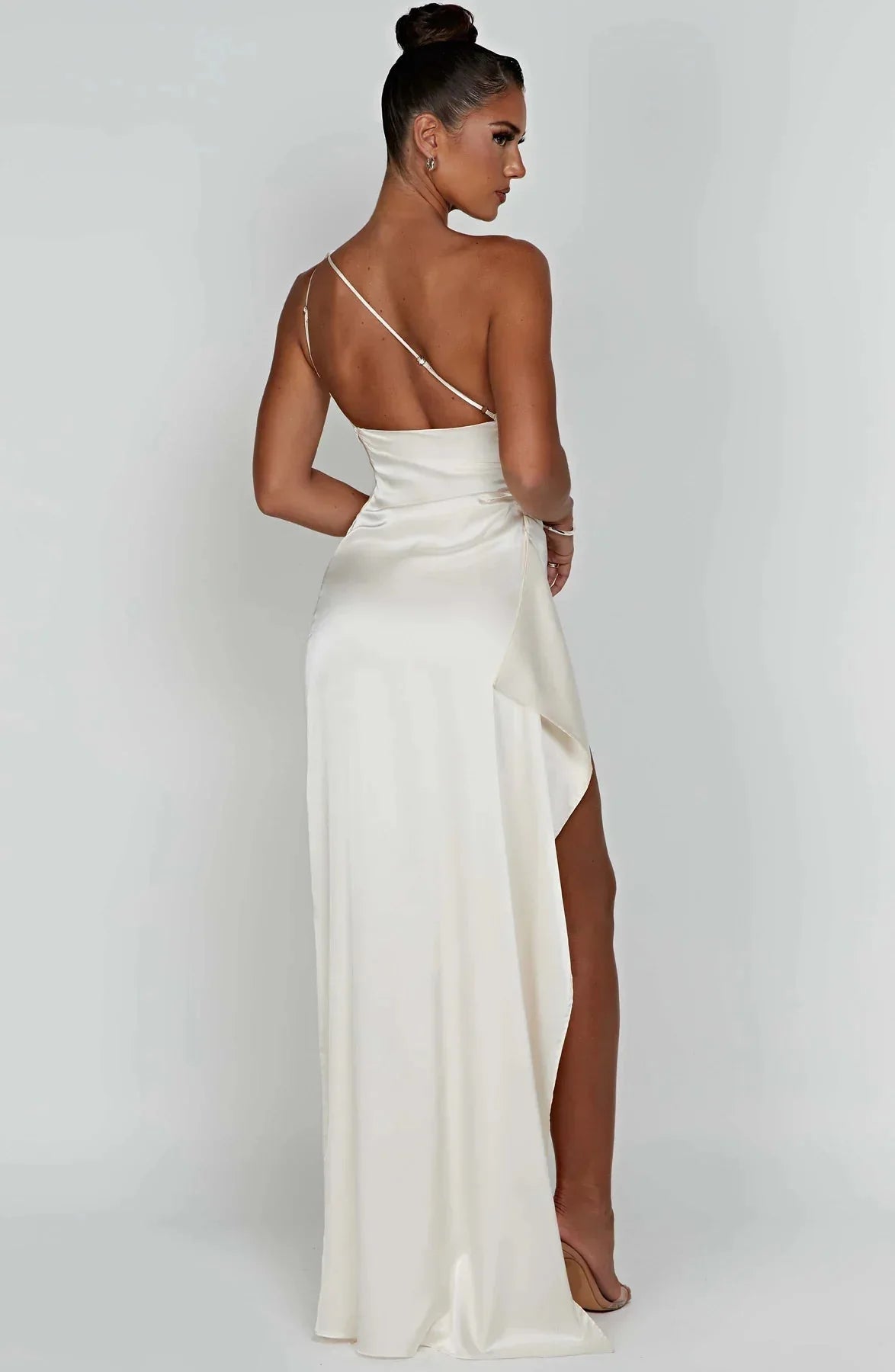 Robe de Soirée Femme à Une Épaule, Plis et Fente