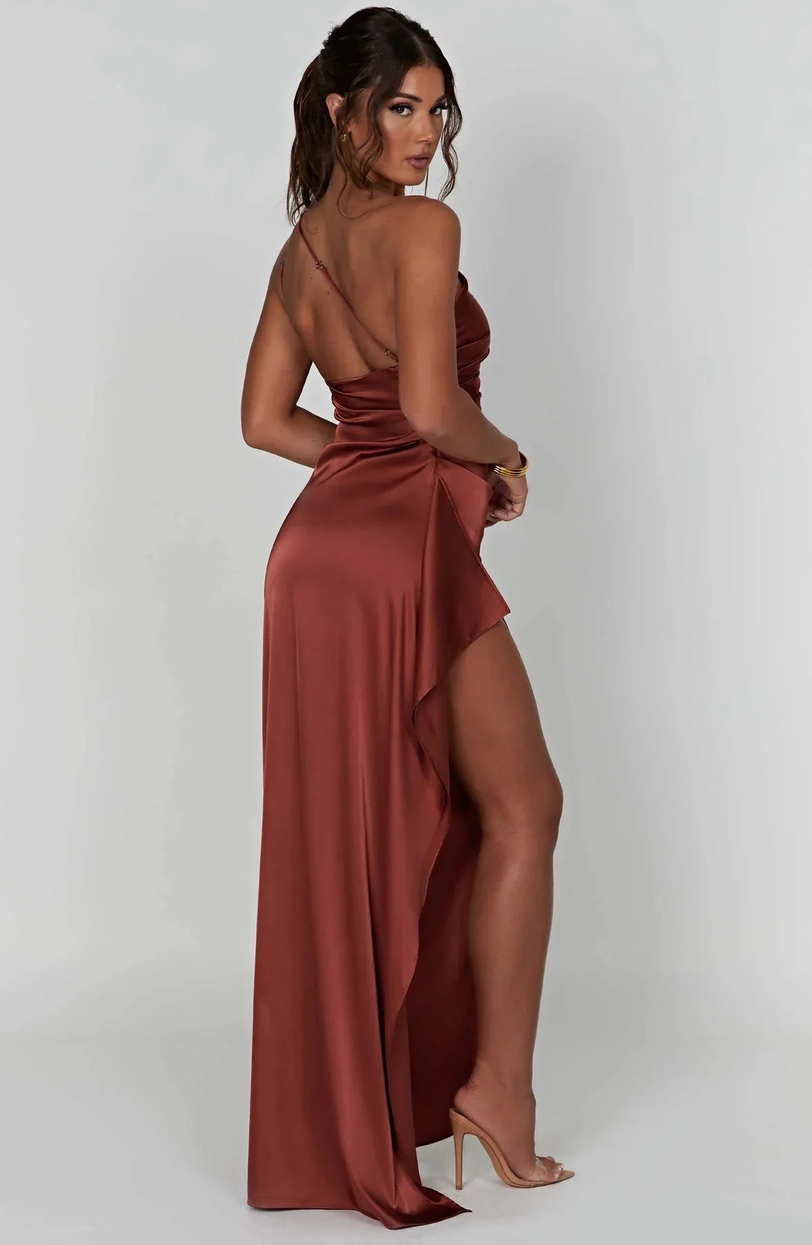 Robe de Soirée Femme à Une Épaule, Plis et Fente