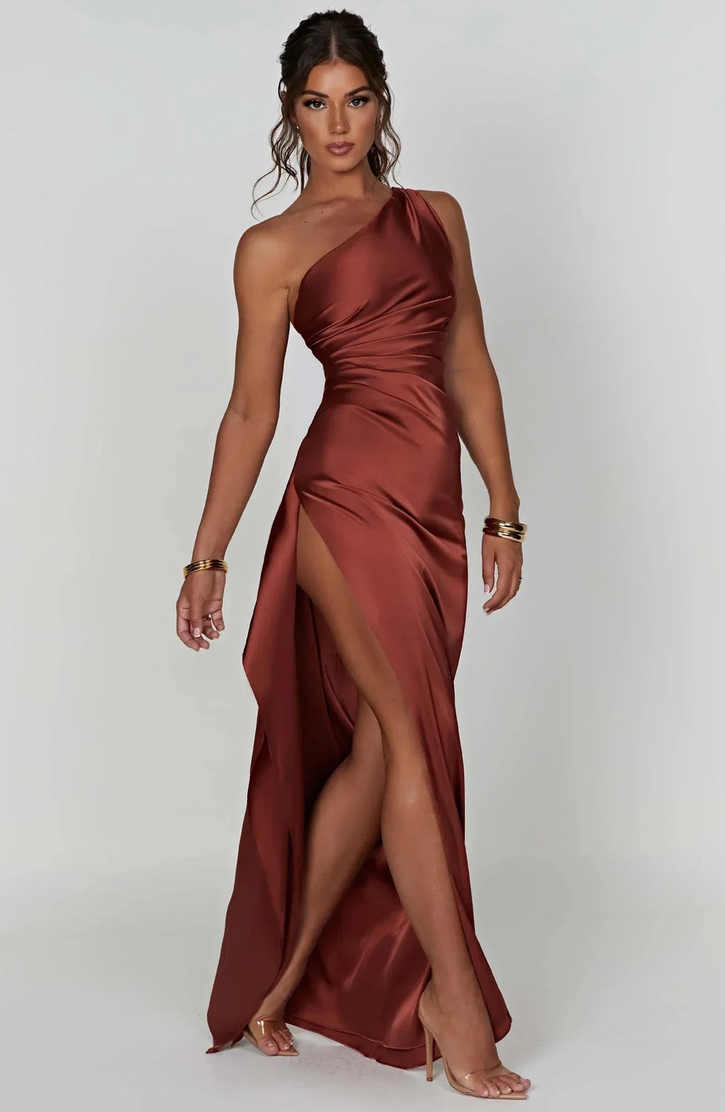Robe de Soirée Femme à Une Épaule, Plis et Fente