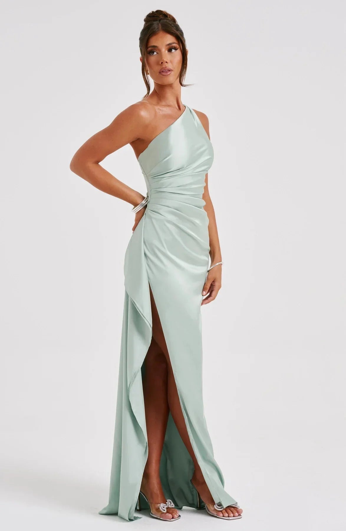 Robe de Soirée Femme à Une Épaule, Plis et Fente
