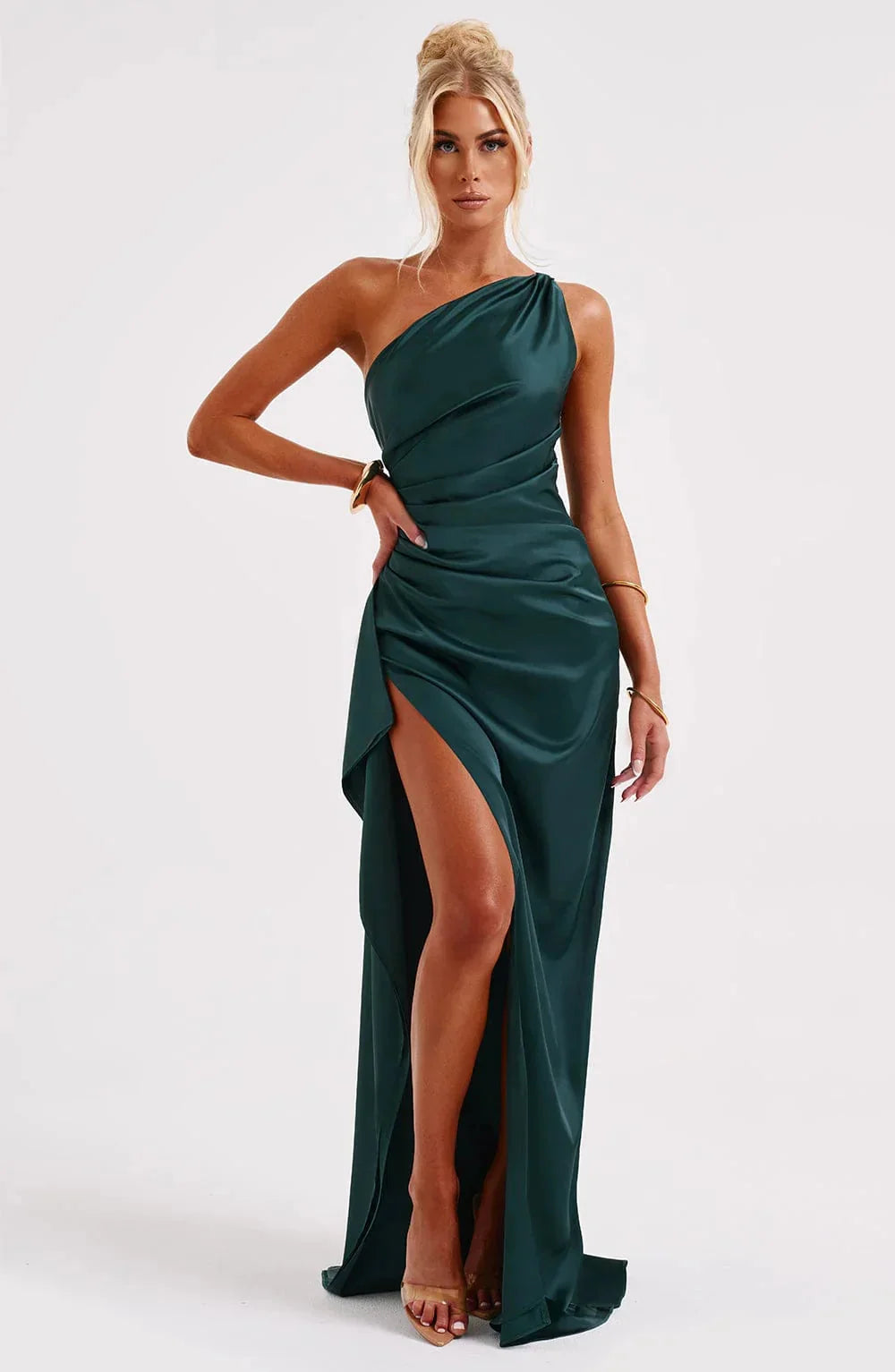 Robe de Soirée Femme à Une Épaule, Plis et Fente