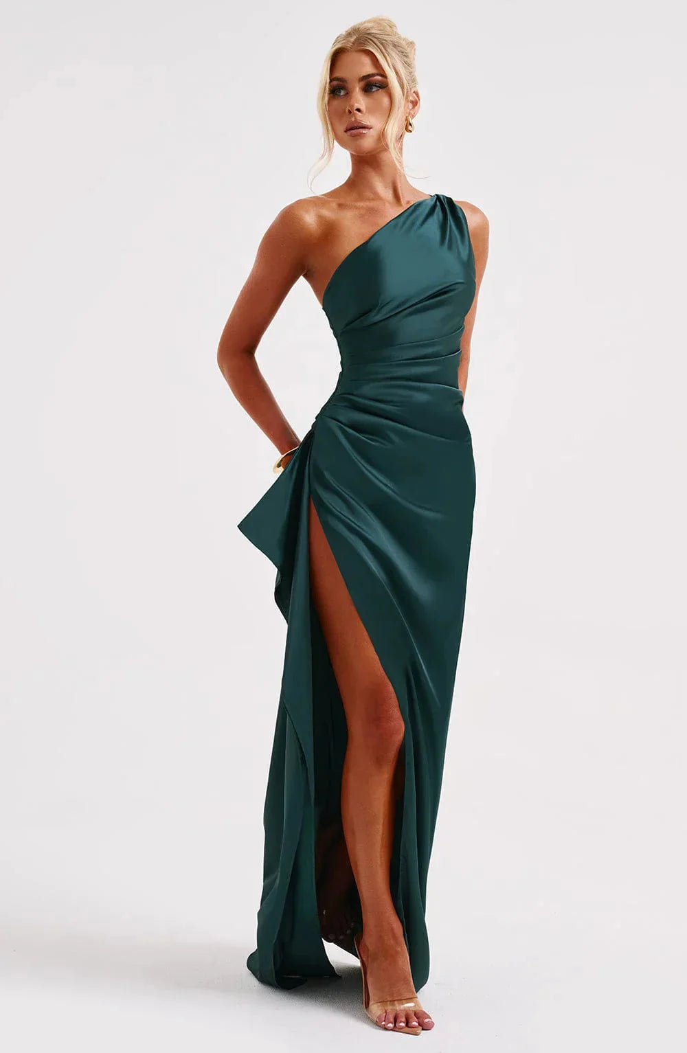 Robe de Soirée Femme à Une Épaule, Plis et Fente