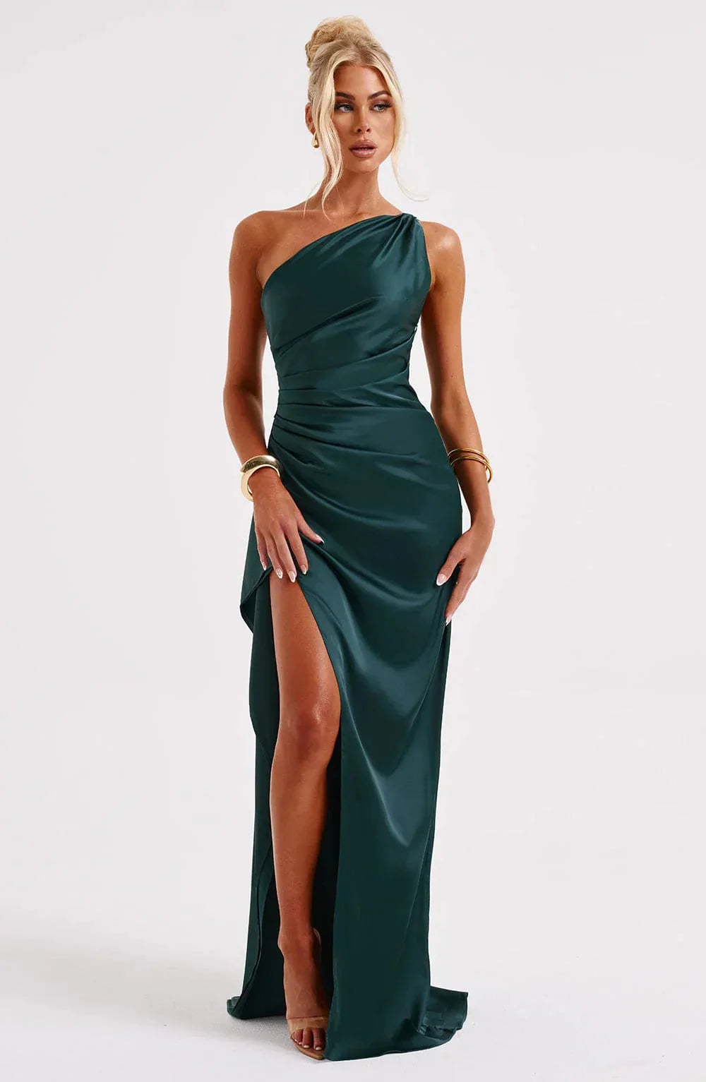 Robe de Soirée Femme à Une Épaule, Plis et Fente