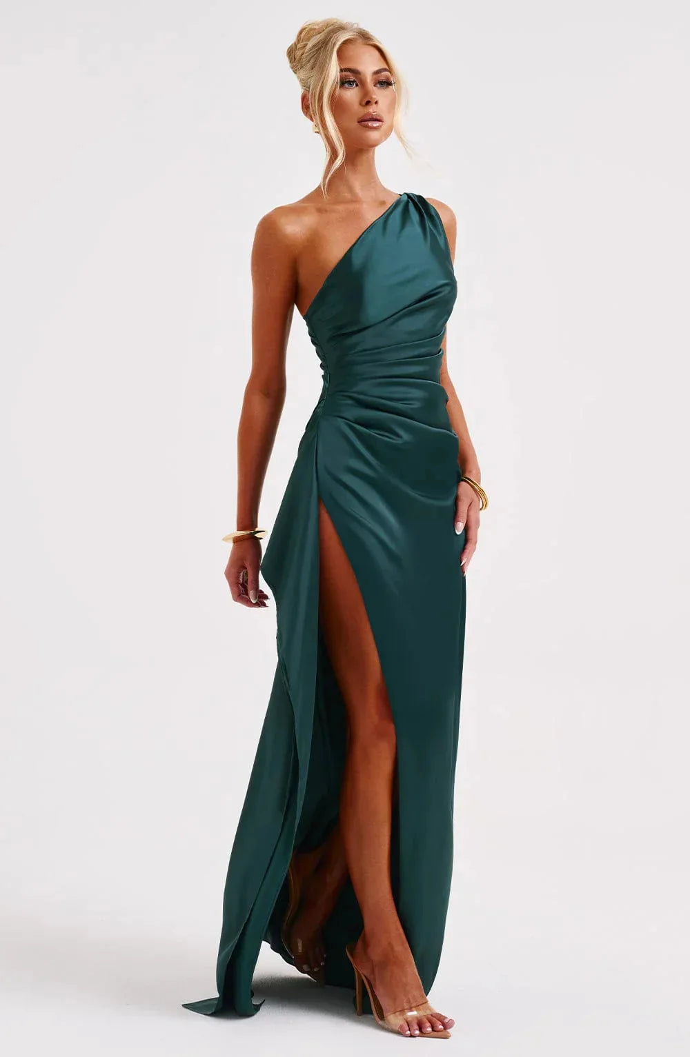 Robe de Soirée Femme à Une Épaule, Plis et Fente