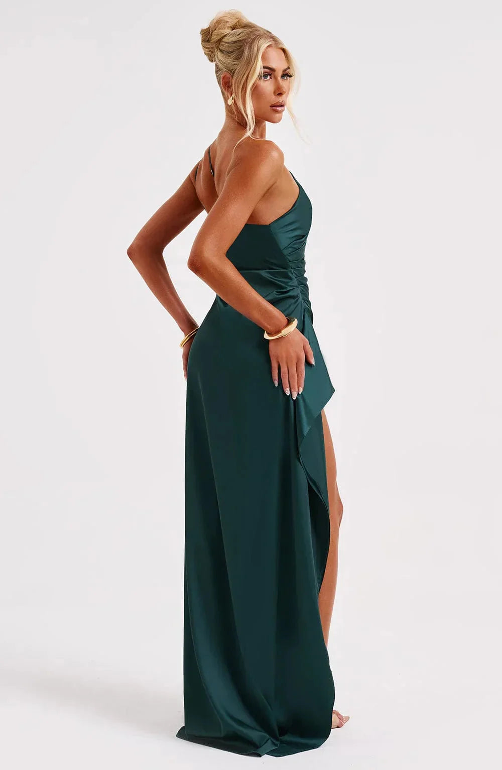 Robe de Soirée Femme à Une Épaule, Plis et Fente