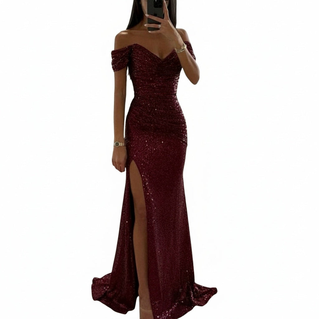 Robe de Soirée Femme avec Paillettes Off-shoulder V-col et Fente