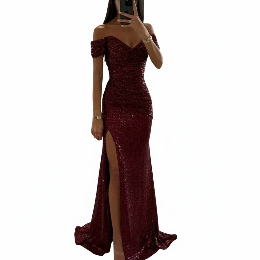 Robe de Soirée Femme avec Paillettes Off-shoulder V-col et Fente