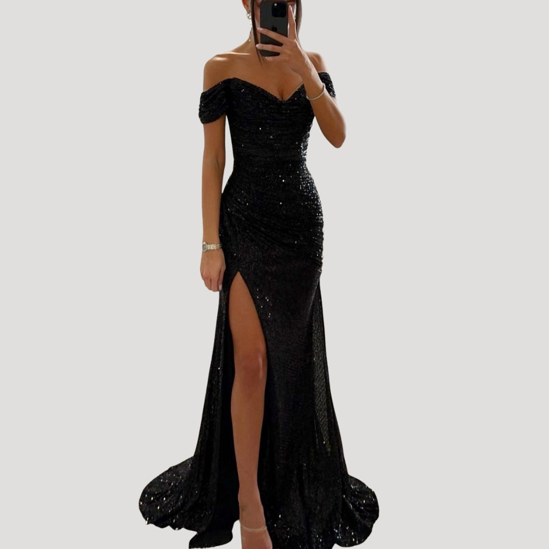 Robe de Soirée Femme avec Paillettes Off-shoulder V-col et Fente