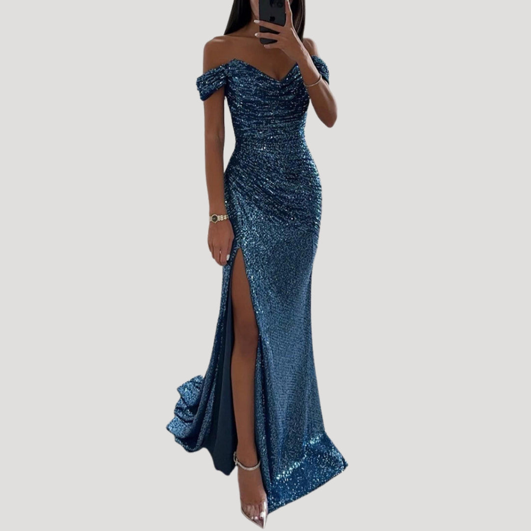 Robe de Soirée Femme avec Paillettes Off-shoulder V-col et Fente