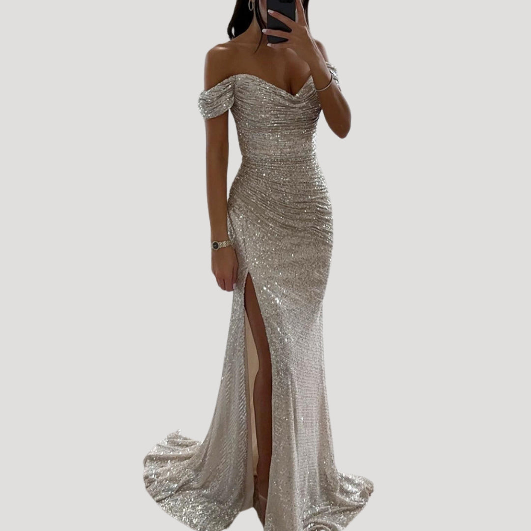 Robe de Soirée Femme avec Paillettes Off-shoulder V-col et Fente