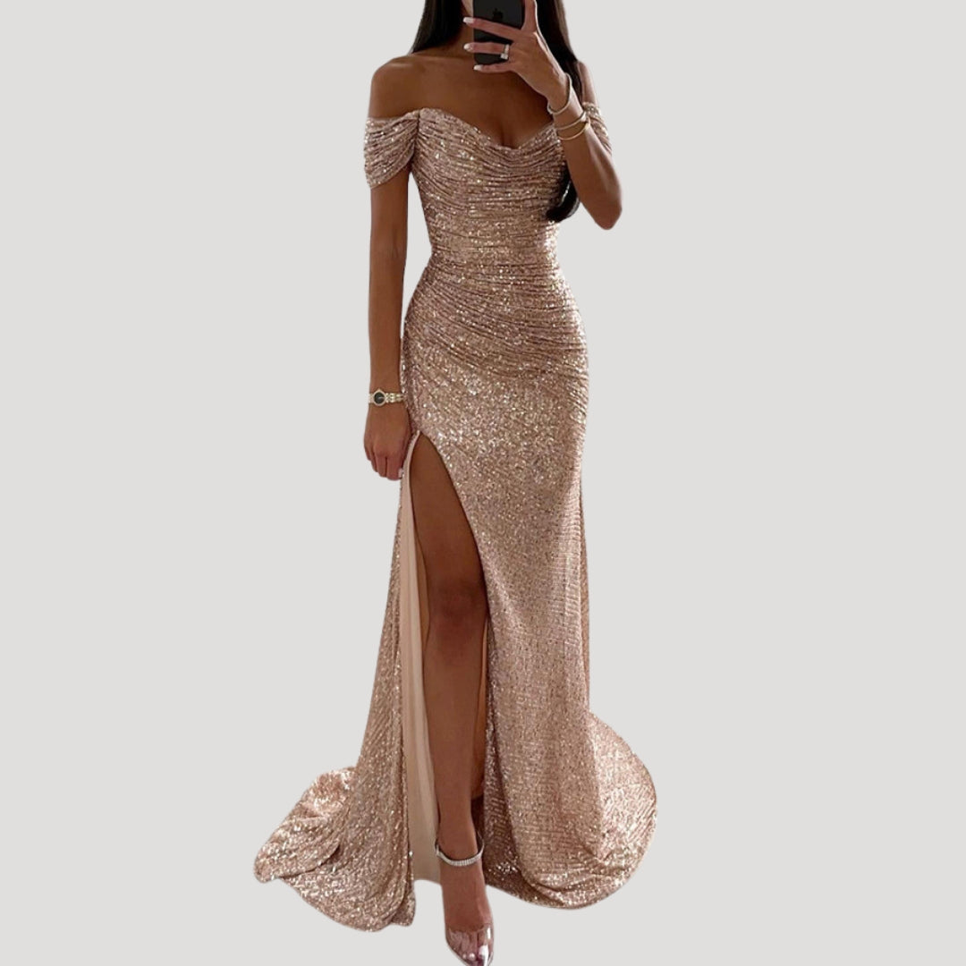 Robe de Soirée Femme avec Paillettes Off-shoulder V-col et Fente