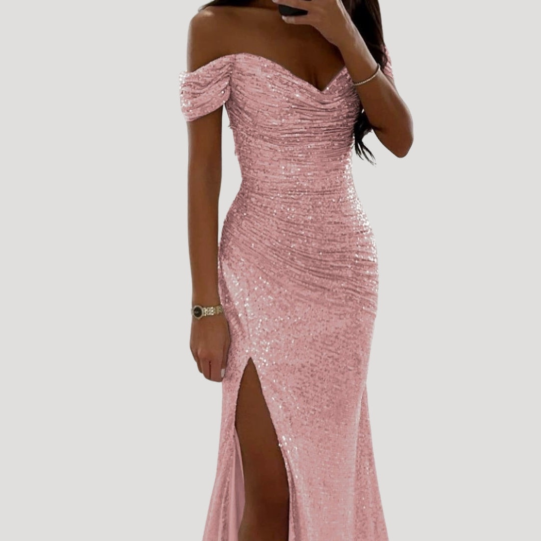 Robe de Soirée Femme avec Paillettes Off-shoulder V-col et Fente