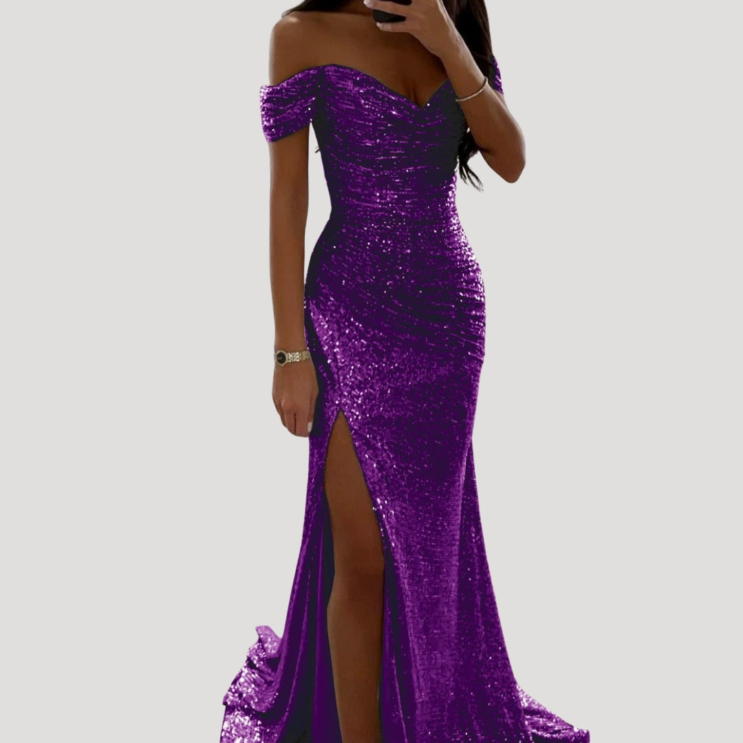 Robe de Soirée Femme avec Paillettes Off-shoulder V-col et Fente