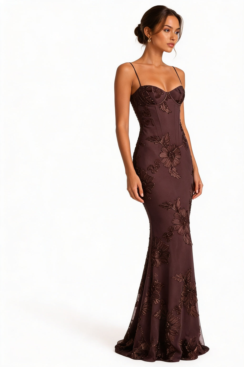 Robe de Soirée Femme Sans Manches avec Corset et Broderies Florales Sirène