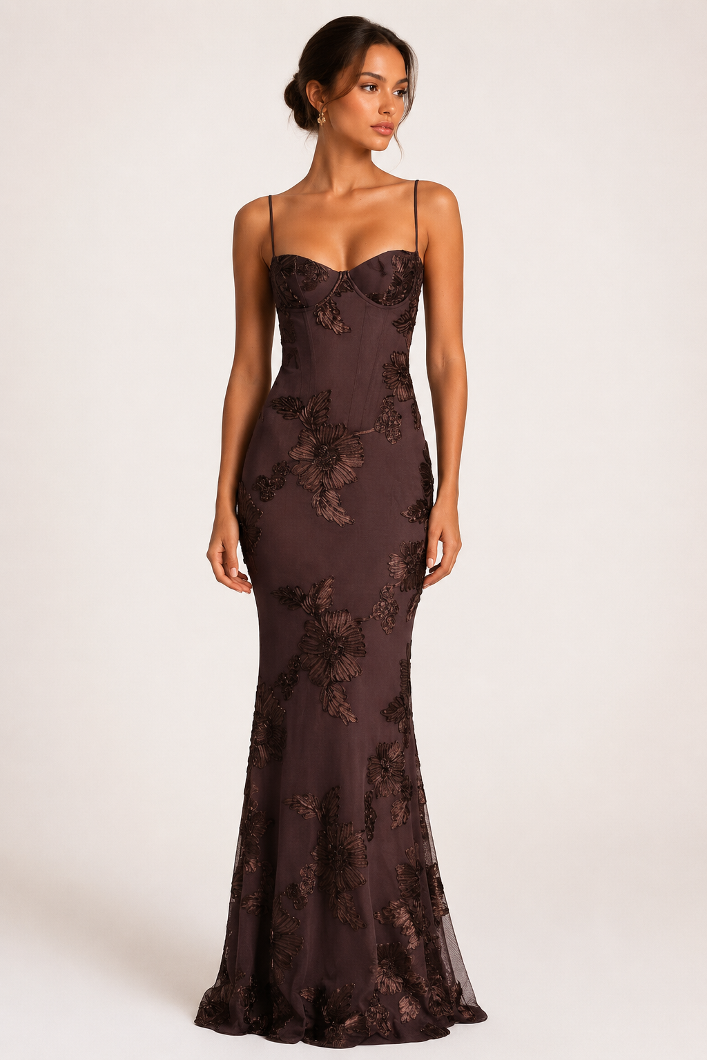 Robe de Soirée Femme Sans Manches avec Corset et Broderies Florales Sirène