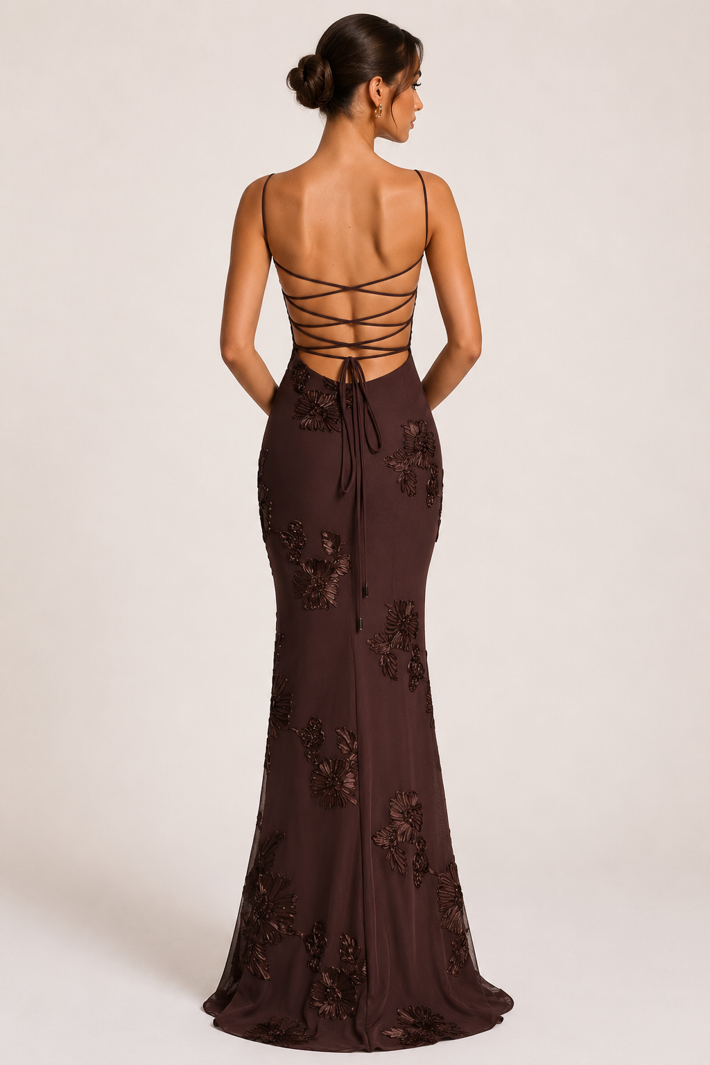 Robe de Soirée Femme Sans Manches avec Corset et Broderies Florales Sirène