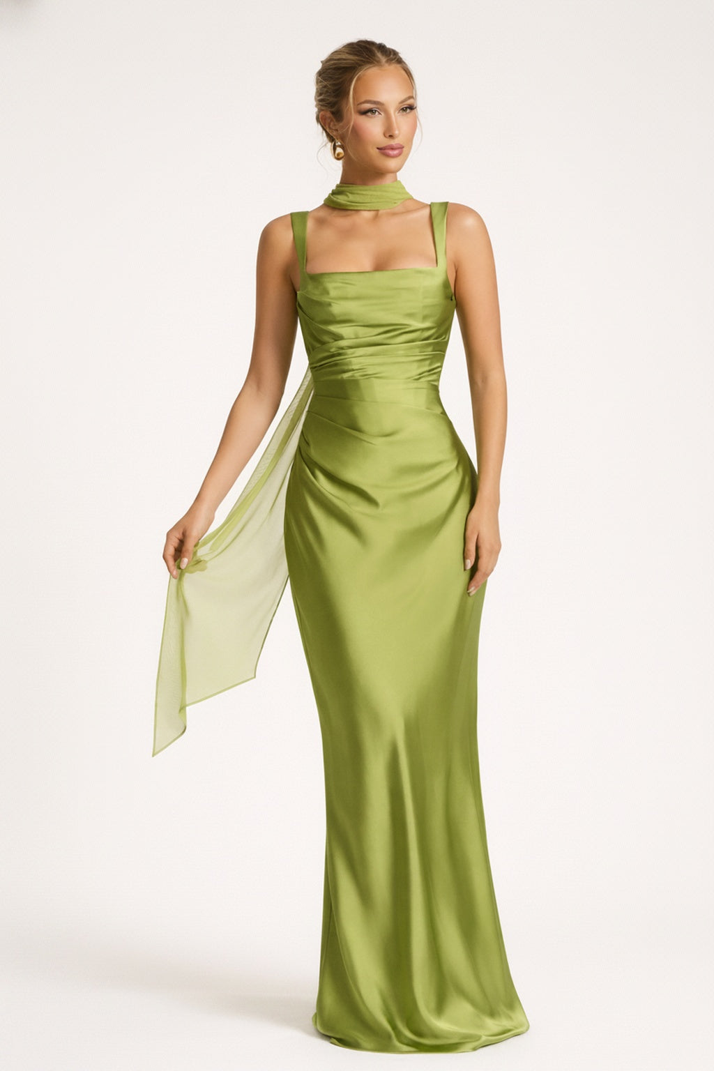 Robe de Soirée Femme Sans Manches avec Décolleté Carré, Choker et Traîne