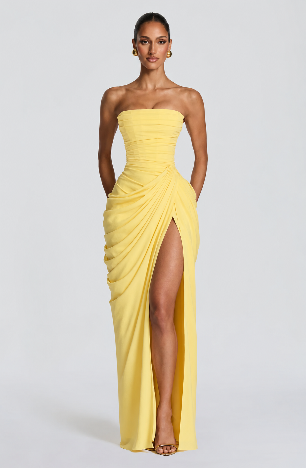 Robe de Soirée Femme Maxi Sans Manches avec Corset et Fente Drapée