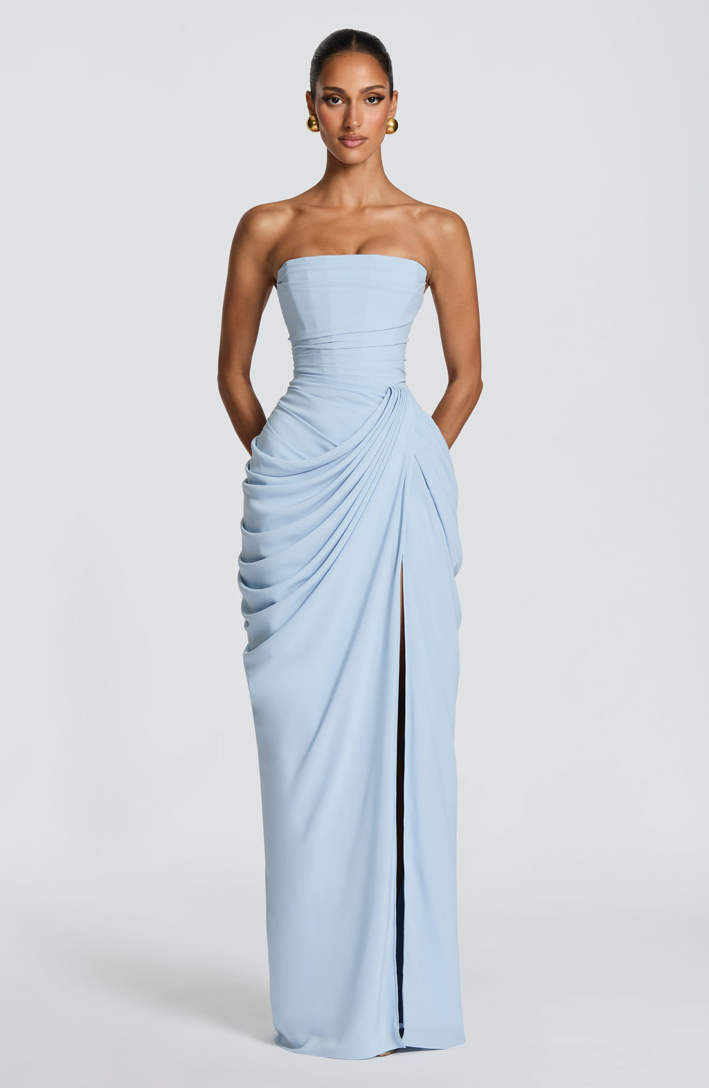 Robe de Soirée Femme Maxi Sans Manches avec Corset et Fente Drapée