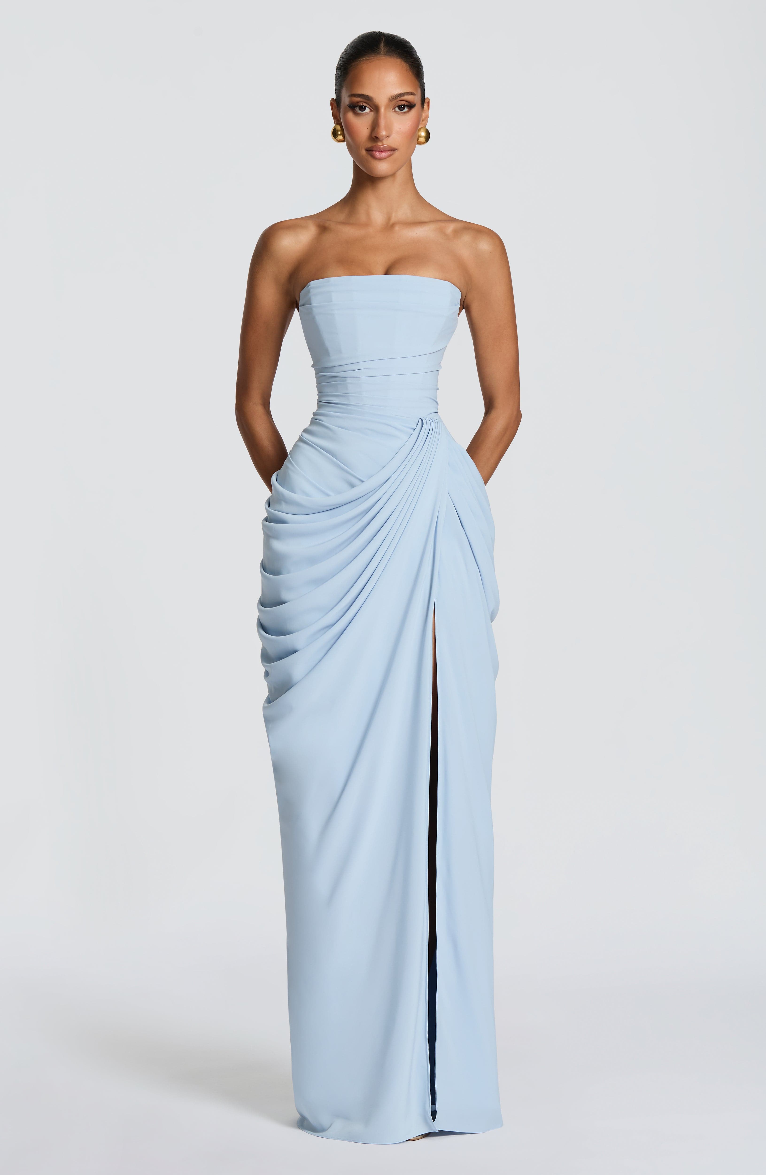 Robe de Soirée Femme Maxi Sans Manches avec Corset et Fente Drapée