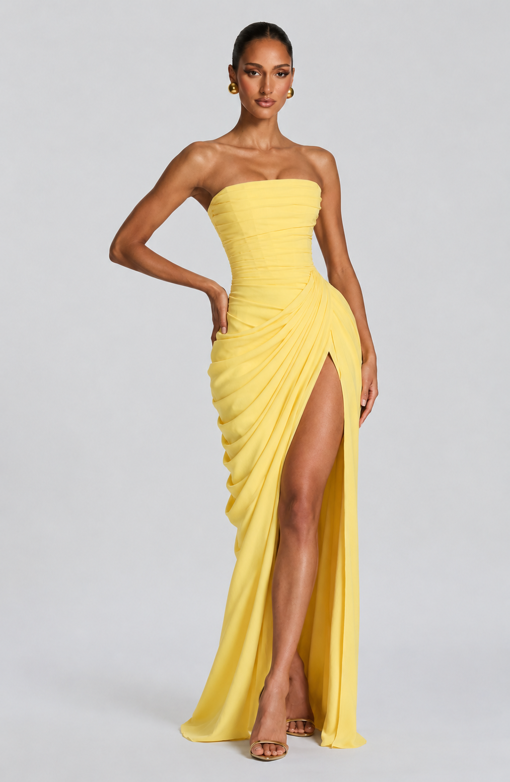 Robe de Soirée Femme Maxi Sans Manches avec Corset et Fente Drapée